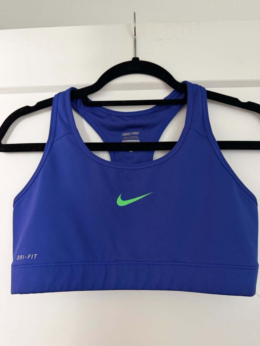 Nike Pro Dri-FIT Sports Bra, Blue with Green Swoosh, Size M